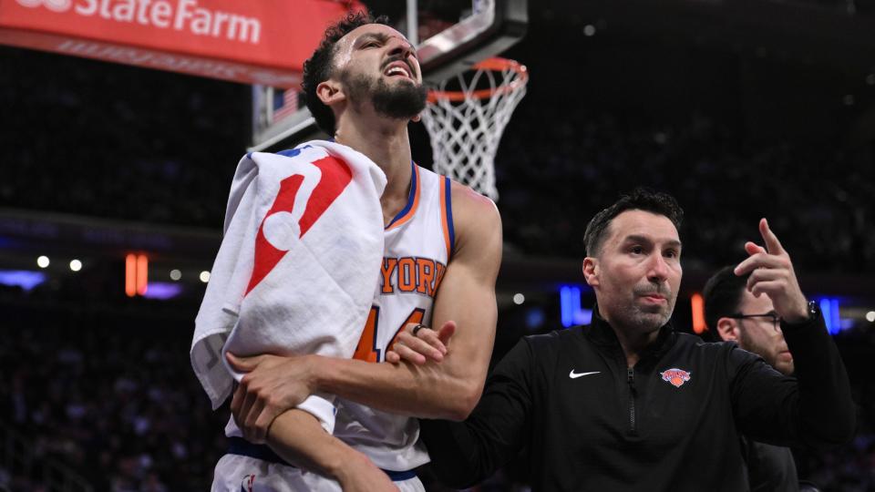 Oct 15, 2024; New York, New York, USA; New York Knicks guard Landry Shamet (44) heads to the locker room after an injury during the second half against the Charlotte Hornets at Madison Square Garden.