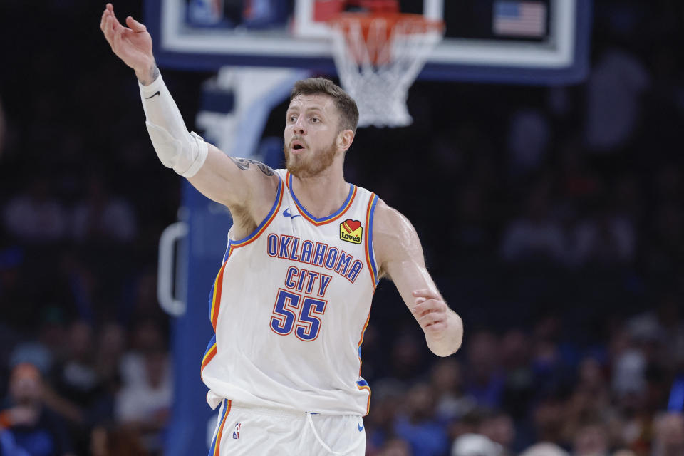 Oct 9, 2024; Oklahoma City, Oklahoma, USA; Oklahoma City Thunder center Isaiah Hartenstein (55) gestures after a play against the Houston Rockets during the second quarter at Paycom Center. Mandatory Credit: Alonzo Adams-Imagn Images