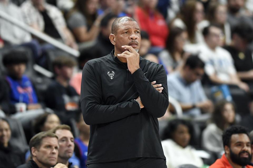 Milwaukee Bucks coach Doc Rivers watches during a game against the Detroit Pistons on Sunday.