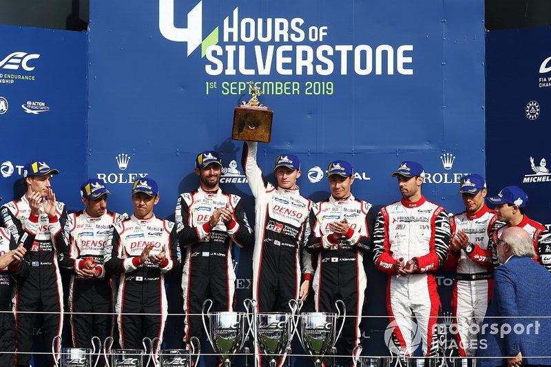 LMP1 Podium #8 Toyota Gazoo Racing Toyota TS050: Sébastien Buemi, Kazuki Nakajima, Brendon Hartley, #7 Toyota Gazoo Racing Toyota TS050: Mike Conway, Jose Maria Lopez, Kamui Kobayashi, #3 Rebellion Racing Rebellion R-13 - Gibson: Nathanael Berthon, Pipo Derani, Loic Duval 