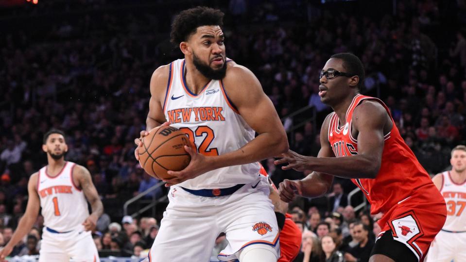 New York Knicks center Karl-Anthony Towns (32) posts up against Chicago Bulls forward Jalen Smith (7) during the first half at Madison Square Garden.