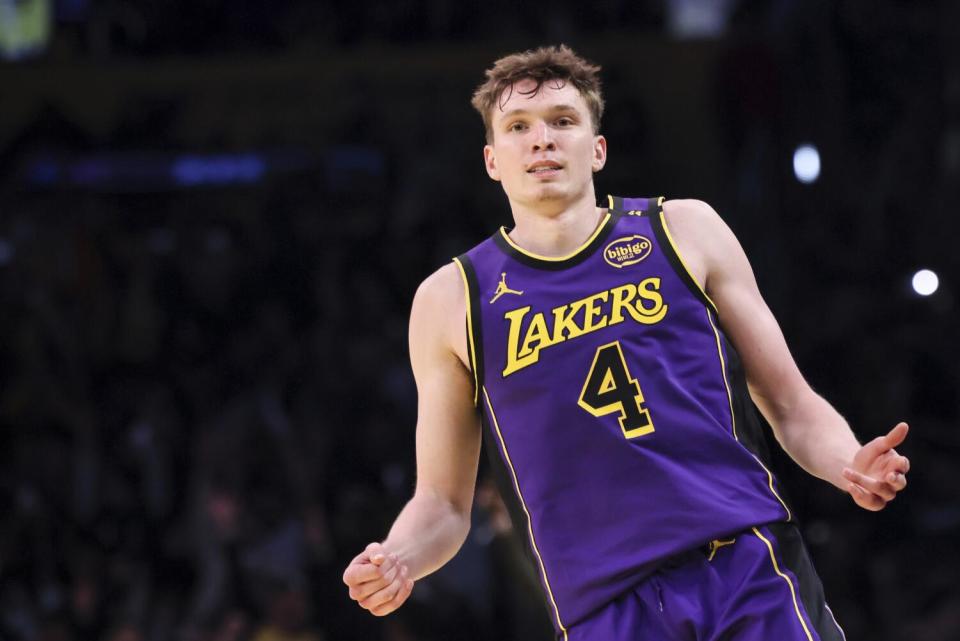 Lakers guard Dalton Knecht does the Michael Jordan celebration shrug after hitting a 3-pointer against the Utah Jazz