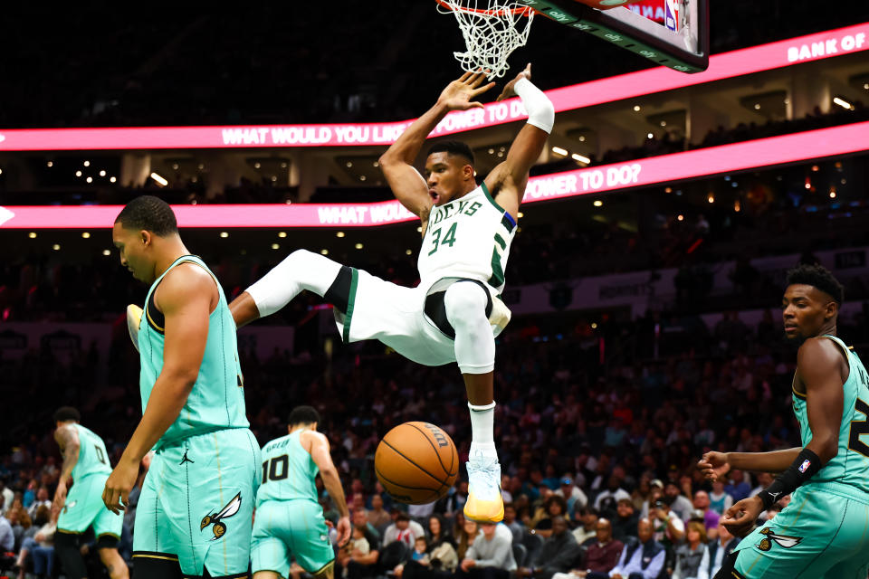 Giannis Antetokounmpo leads the league in scoring. (David Jensen/Getty Images)