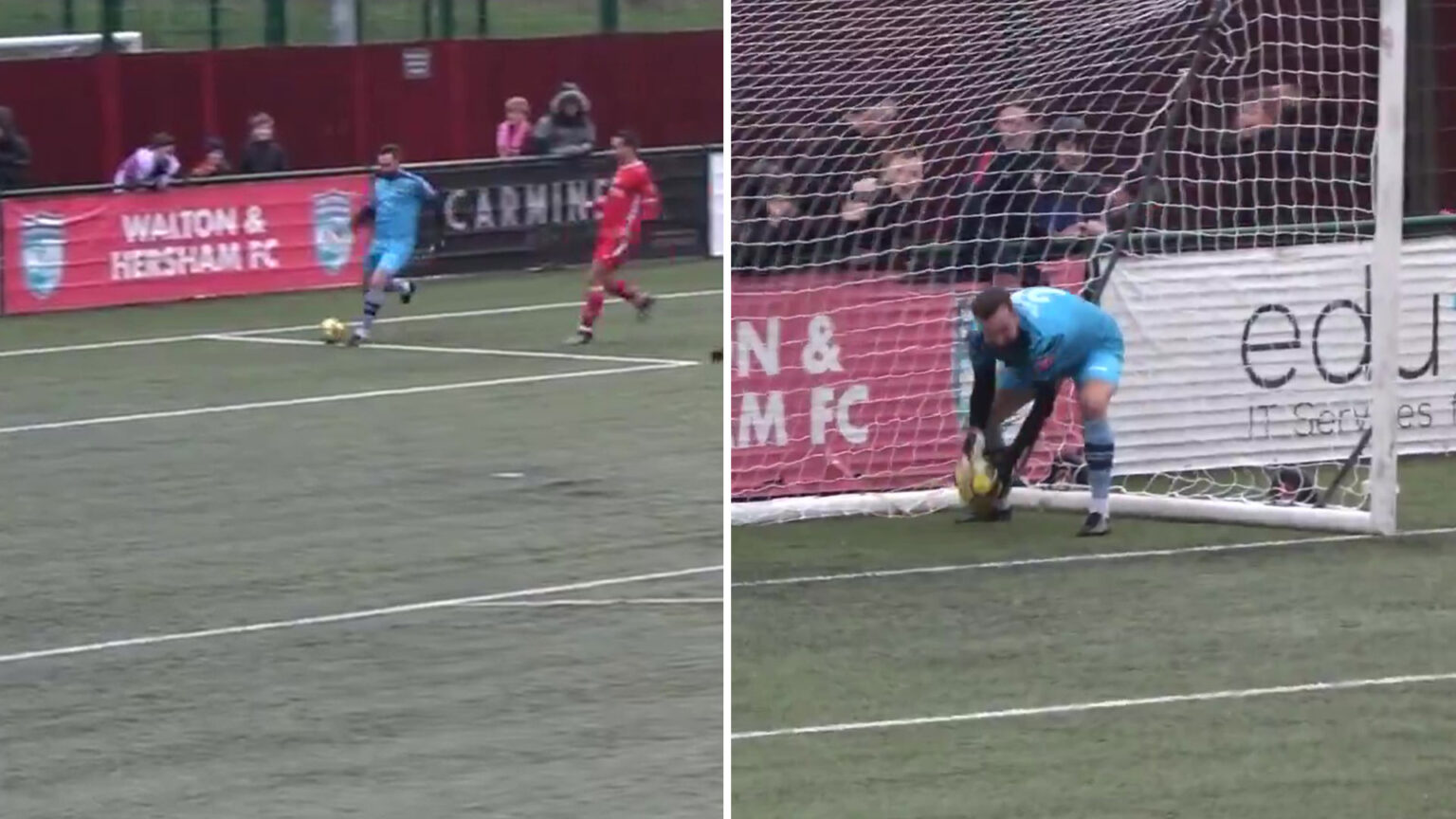 Ex-Chelsea keeper comically scores ‘best own goal you’ll see’ after ‘slapping it top bins’ leaving commentators stunned