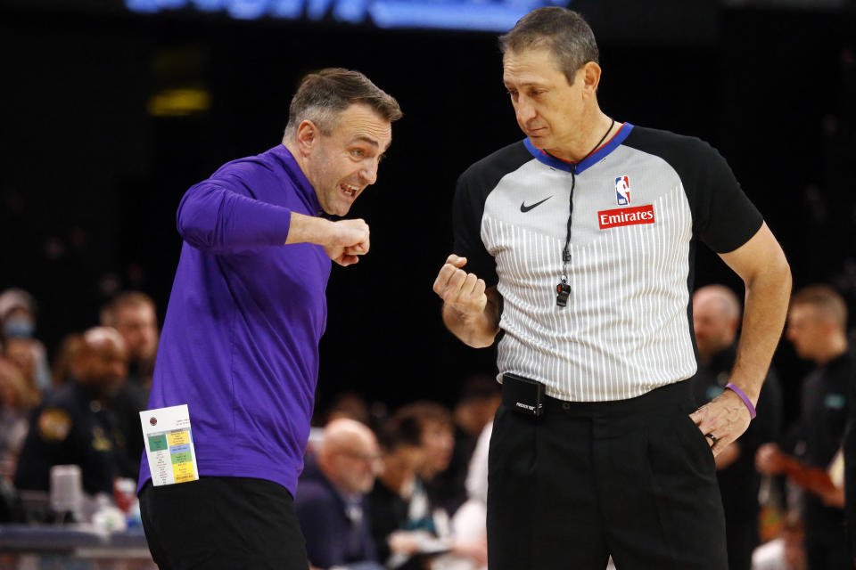 Dec 26, 2024; Memphis, Tennessee, USA; Toronto Raptors head coach Darko Rajakovic reacts to an official during the third quarter against the Memphis Grizzlies at FedExForum. Mandatory Credit: Petre Thomas-Imagn Images