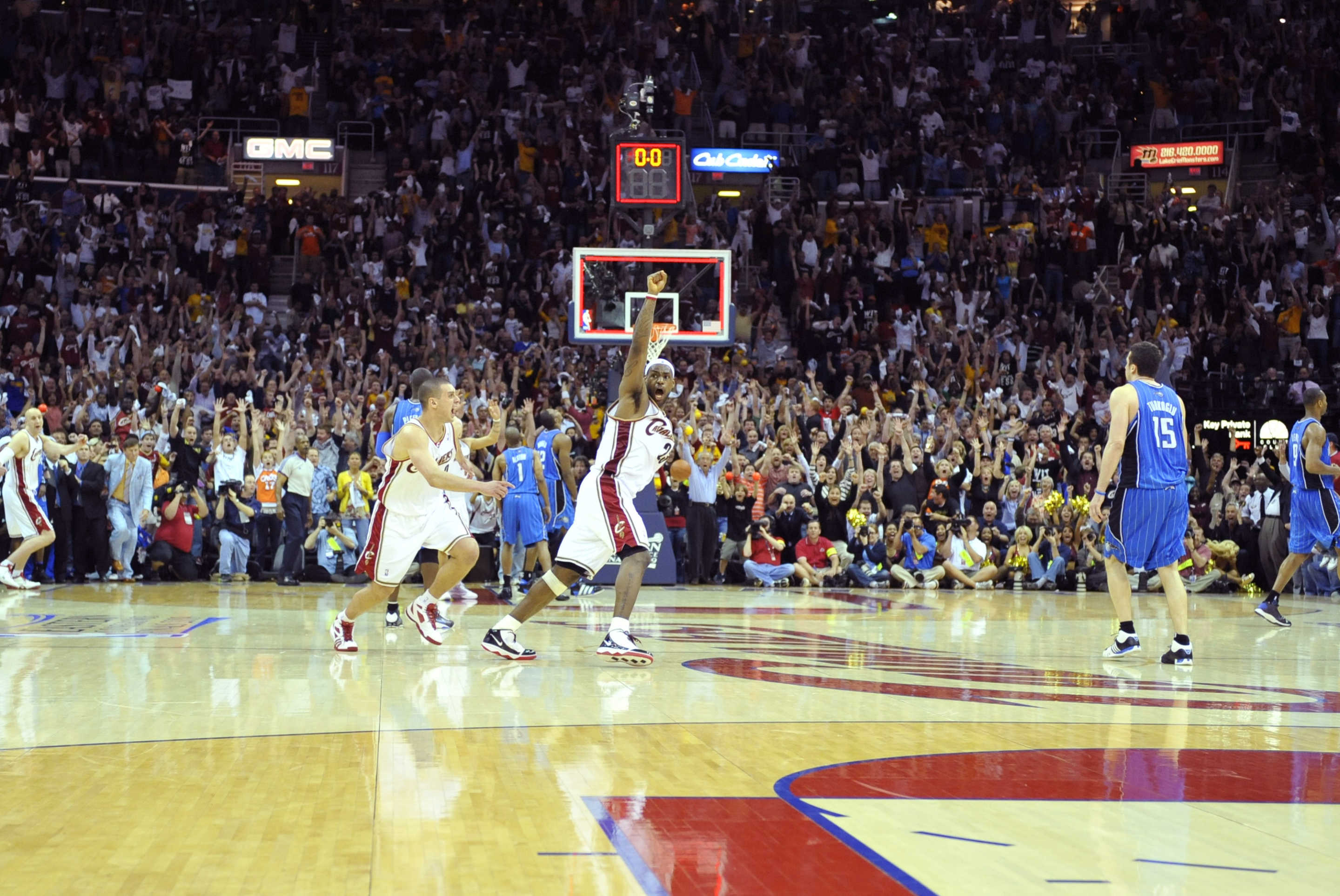 CLEVELAND - MAY 22: LeBron James #23 of the Cleveland Cavaliers  celebrates after hitting the game-winning shot against the Orlando Magic in Game Two of the Eastern Conference Finals during the 2009 NBA Playoffs at The Quicken Loans Arena on May 22, 2009 in Cleveland, Ohio. NOTE TO USER: User expressly acknowledges and agrees that, by downloading and/or using this Photograph, user is consenting to the terms and conditions of the Getty Images License Agreement. Mandatory Copyright Notice: Copyright 2009 NBAE (Photo by David Dow/NBAE via Getty Images)