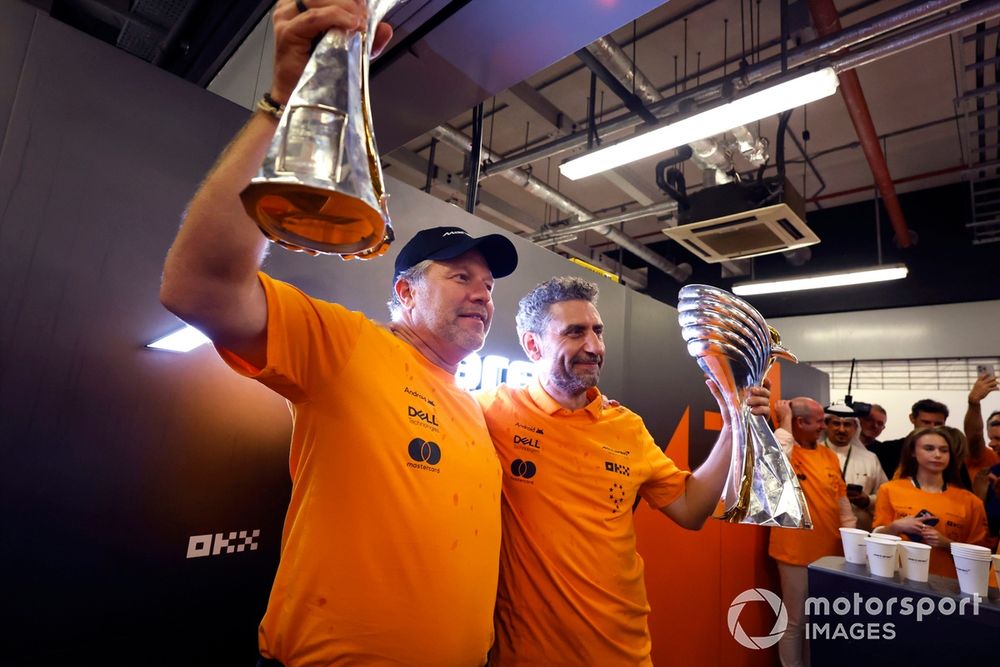 Zak Brown, CEO, McLaren Racing,rea Stella, Team Principal, McLaren F1 Team, the McLaren team celebrate after securing the Constructors title