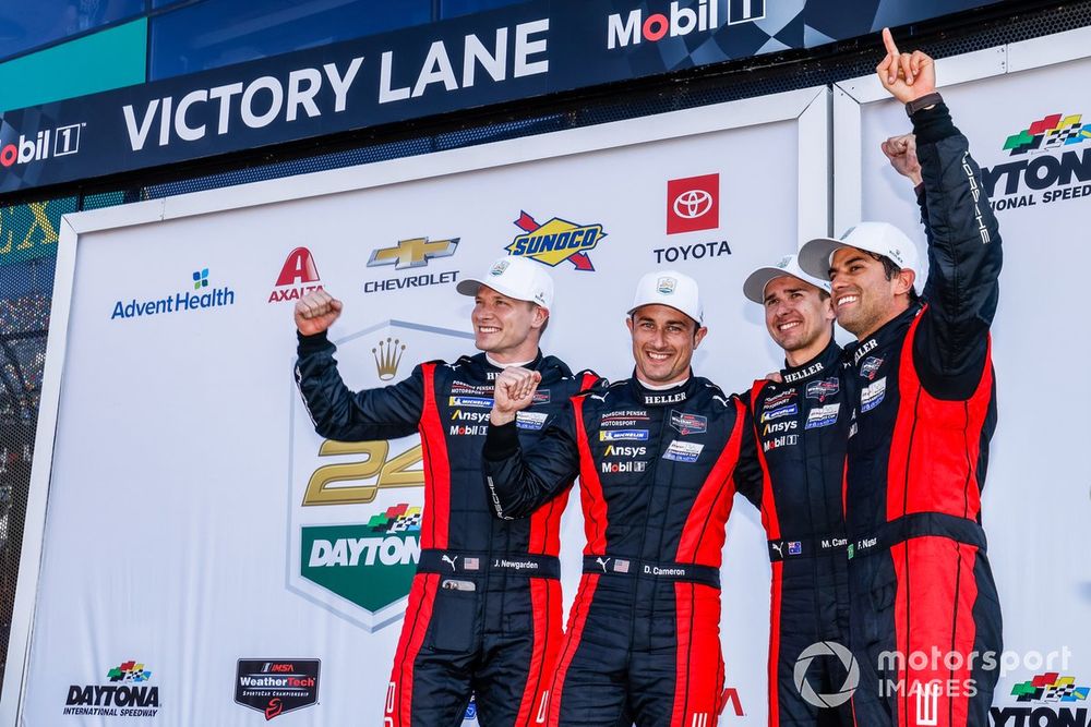 Campbell (second right) will switch back to IMSA next year as part of a rejigged Porsche line-up alongside Mathieu Jaminet