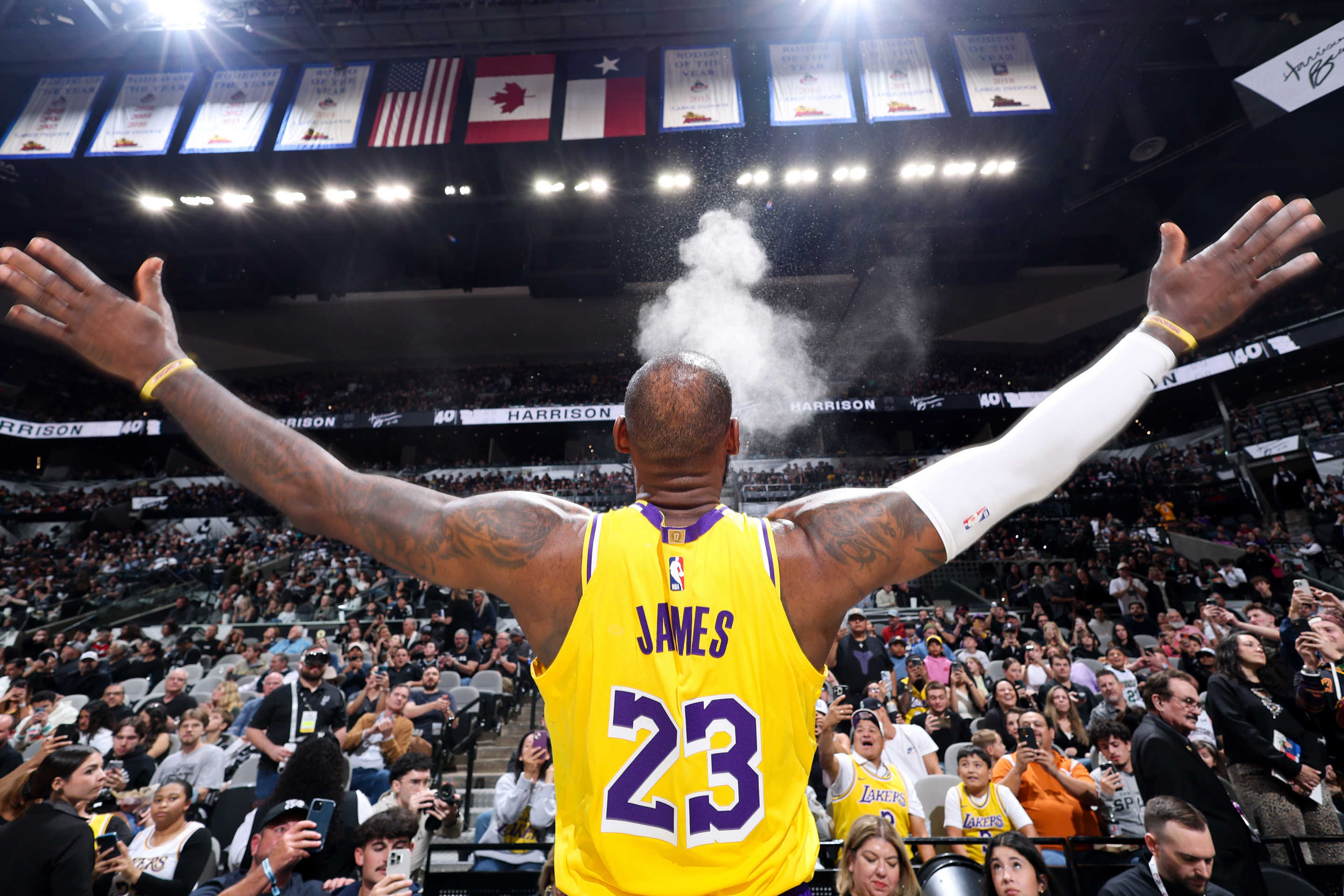 SAN ANTONIO, TX - NOVEMBER 27: LeBron James #23 of the Los Angeles Lakers pre-game ritual before the game against the San Antonio Spurs on November 27, 2024 at the Frost Bank Center in San Antonio, Texas. NOTE TO USER: User expressly acknowledges and agrees that, by downloading and or using this photograph, user is consenting to the terms and conditions of the Getty Images License Agreement. Mandatory Copyright Notice: Copyright 2024 NBAE (Photos by Jeff Haynes/NBAE via Getty Images)