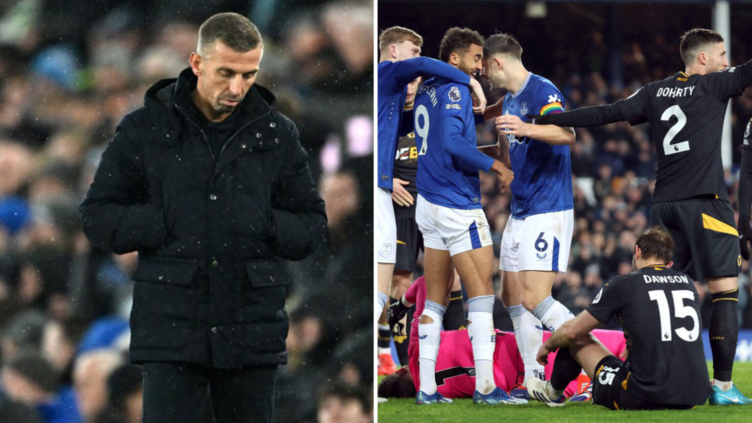 Everton 4 Wolves 0: Craig Dawson scores TWO own-goals to leave Gary O’Neil’s job hanging by a thread