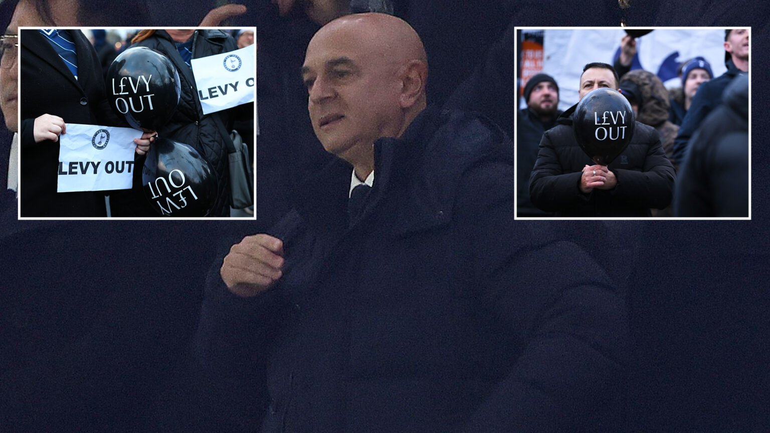 Tottenham fans protest ‘Levy out’ with black balloons as Spurs chairman akwardly watches on during Liverpool loss