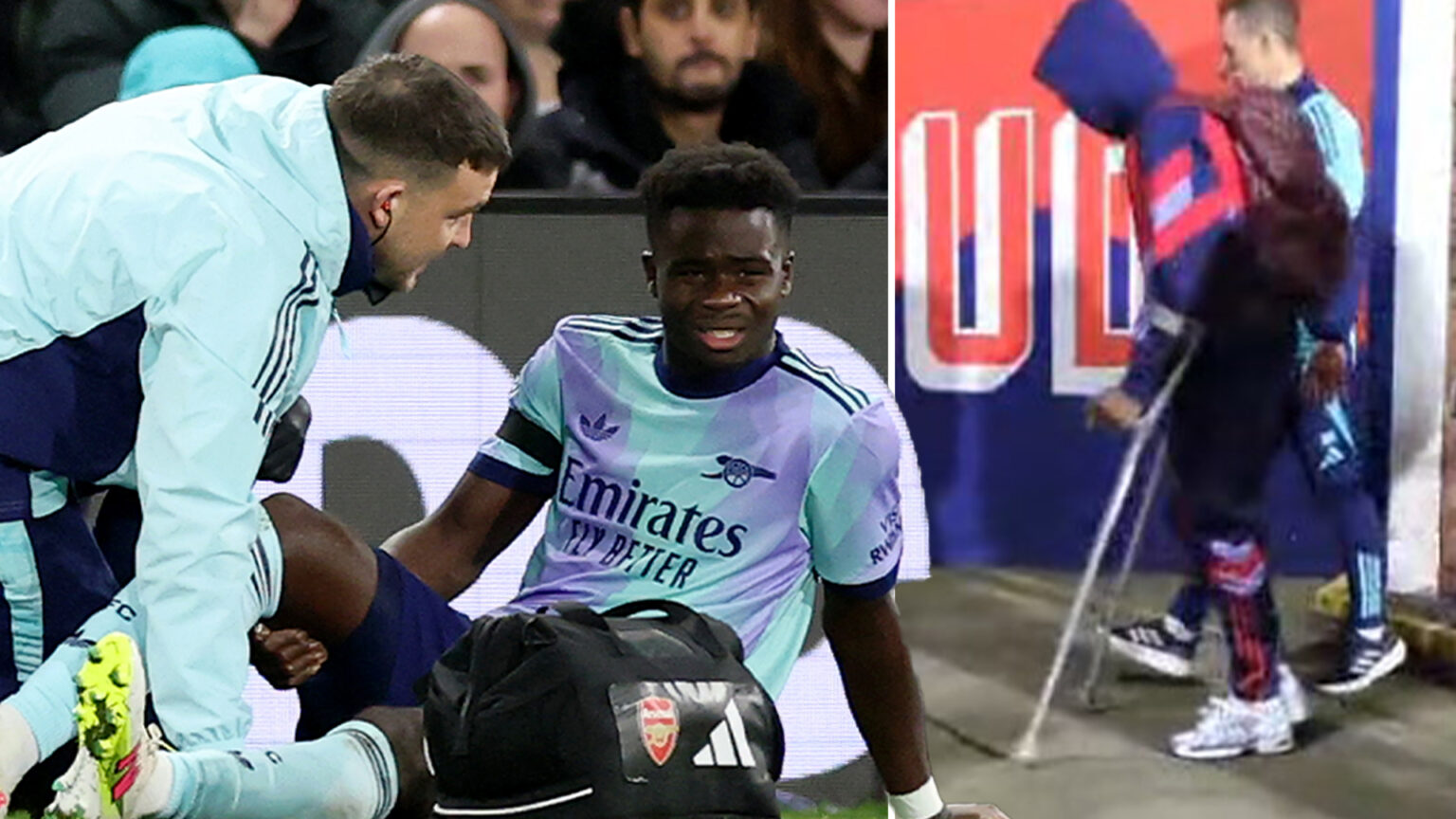 Worrying moment Bukayo Saka is spotted on crutches outside Selhurst Park after injury as Arteta admits ‘it’s not good’