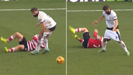 Awkward moment League Two star literally has his pants pulled down as Doncaster go on to score