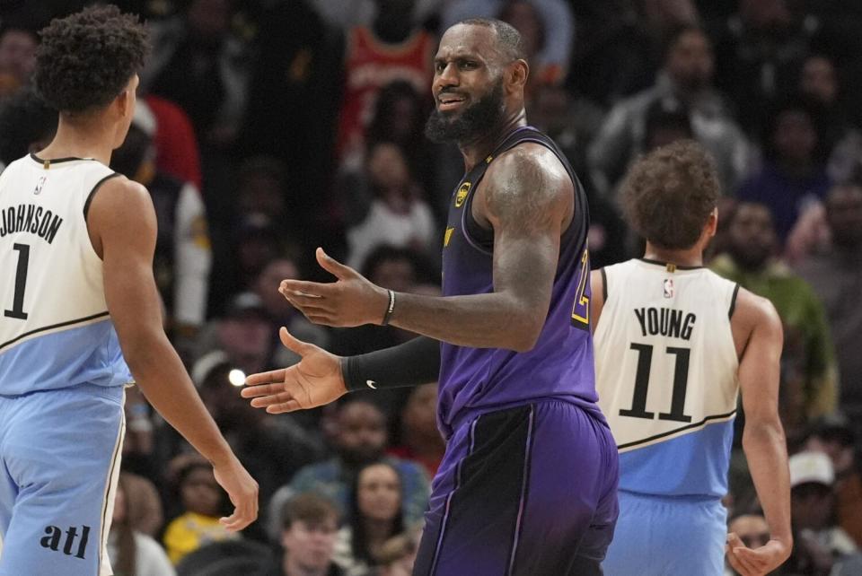 Los Angeles Lakers forward LeBron James (23) reacts to a foul against Atlanta Hawks.