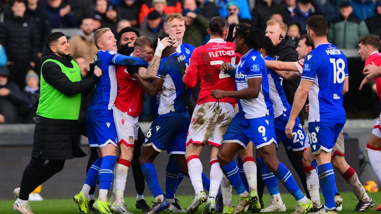 Wrexham clash descends into huge brawl at full-time as tempers flare after fiery League One clash