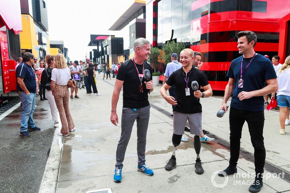 Channel 4 presenters David Coulthard, TV presenter, Billy Monger and Alex Jones