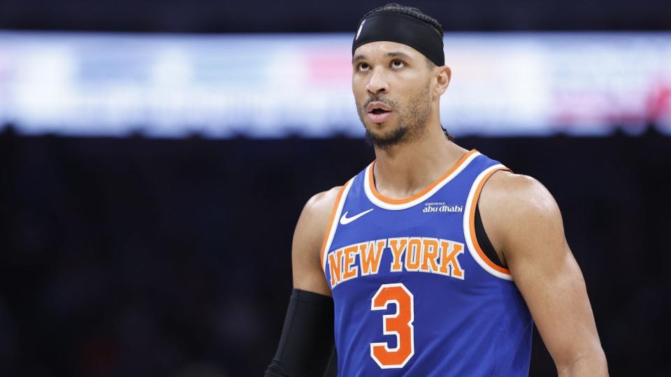 Jan 3, 2025; Oklahoma City, Oklahoma, USA; New York Knicks guard Josh Hart (3) reacts after a call against him on a play against the Oklahoma City Thunder during the second quarter at Paycom Center.