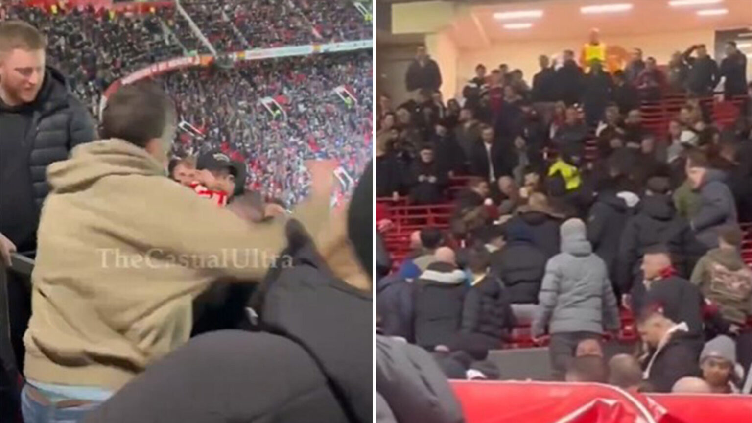 Moment shocking brawl breaks out at Old Trafford as Rangers fans ‘infiltrate Man Utd end’ with ‘little children crying’