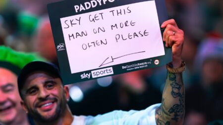 Kyle Walker tells Sky Sports ‘get this man on more often’ as he sits next to ex-Prem star at world Darts Championship