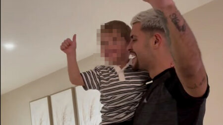 Suspended Newcastle star Bruno Guimaraes shares heartwarming clip celebrating famous win in his living room with his son