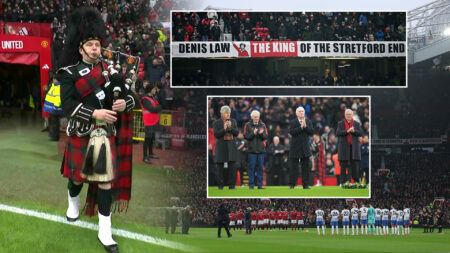 Man Utd pay emotional tribute to Denis Law as Sir Alex Ferguson joins legends on Old Trafford pitch before Brighton game