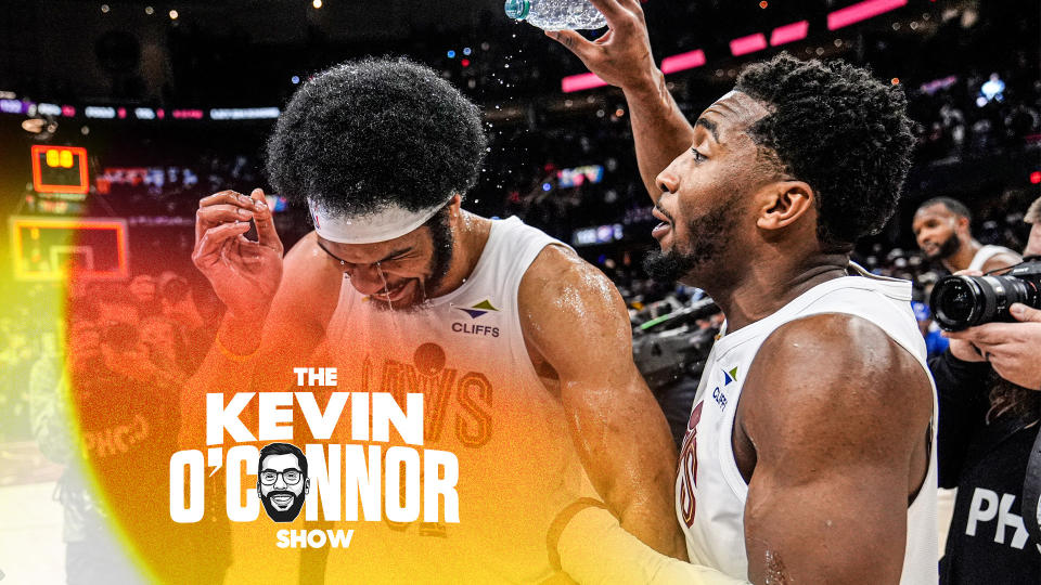 Cleveland Cavaliers players Jarett Allen and Donovan Mitchell celebrate after their team's Wednesday night victory against the Oklahoma City Thunder. (AP Photo/Sue Ogrocki)