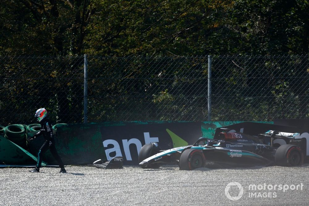 Andrea Kimi Antonelli, Mercedes-AMG F1 Team, walks away from his damaged car after a crash in FP1