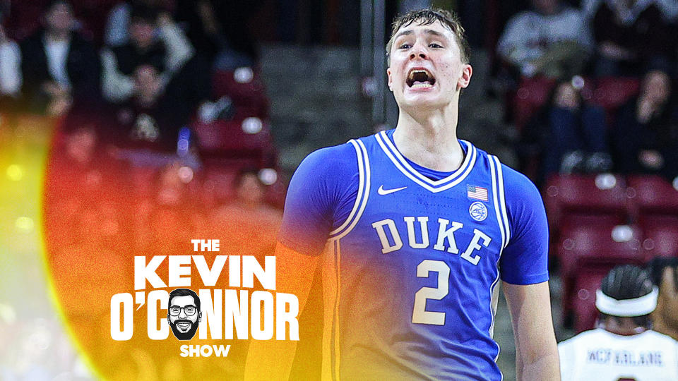 CHESTNUT HILL, MA - JANUARY 18: Duke Blue Devils guard Cooper Flagg (2) reacts after a made three point shot during the college basketball game between Duke Blue Devils and Boston College Eagles on January 18, 2025, at Conte Forum in Chestnut Hill, MA. (Photo by M. Anthony Nesmith/Icon Sportswire via Getty Images)