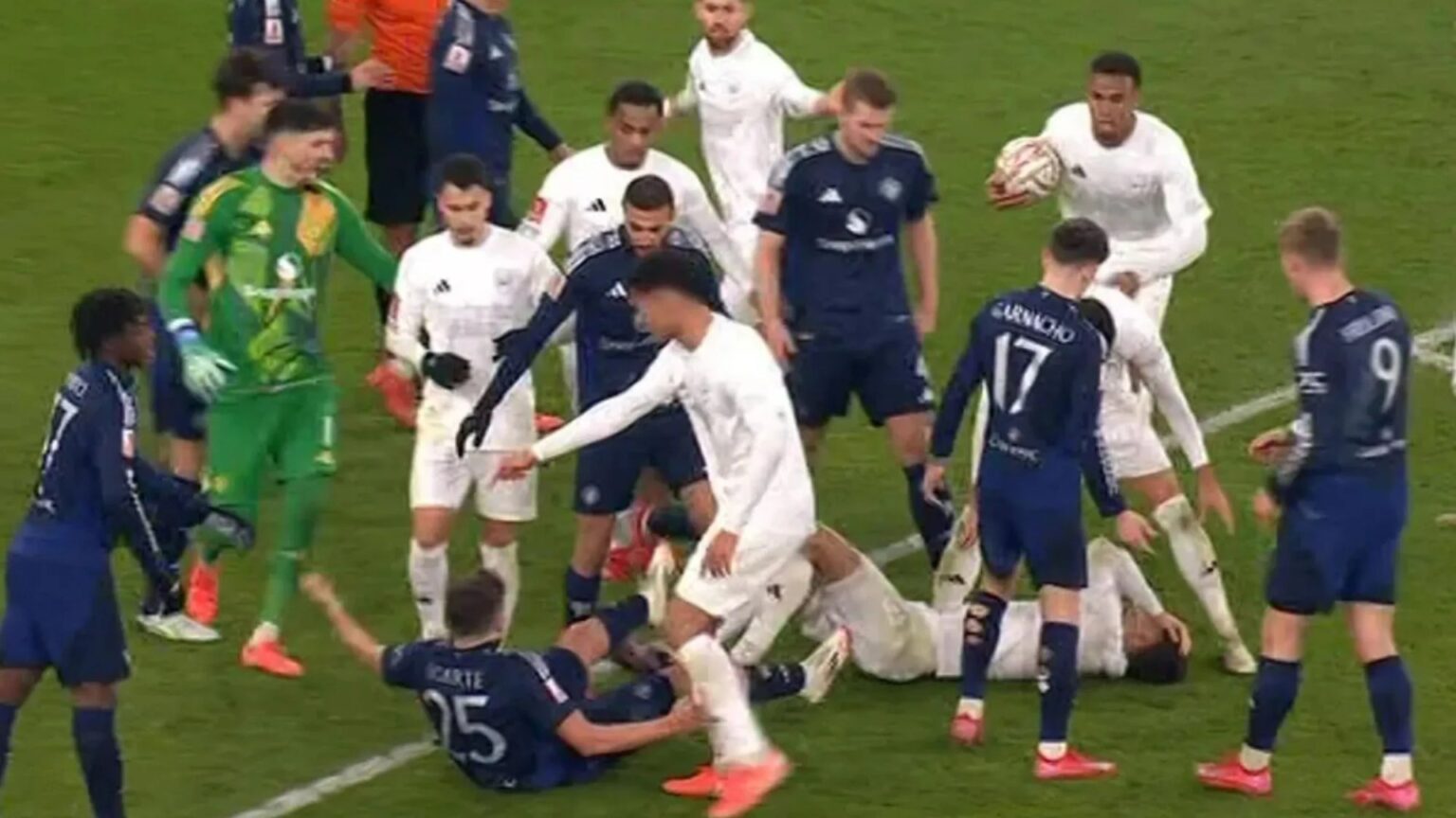 Arsenal and Man Utd stars in furious brawl as Harry Maguire goes for Kai Havertz as players hit the deck in mad scramble