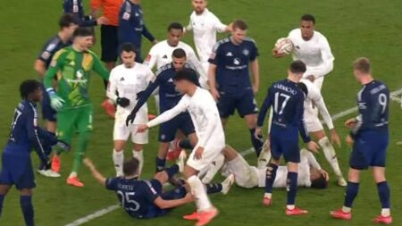 Arsenal and Man Utd stars in furious brawl as Harry Maguire goes for Kai Havertz as players hit the deck in mad scramble