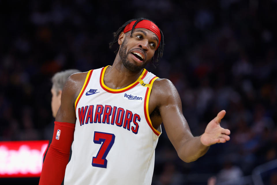 SAN FRANCISCO, CALIFORNIA - DECEMBER 08: Buddy Hield #7 of the Golden State Warriors looks on in the third quarter against the Minnesota Timberwolves at Chase Center on December 08, 2024 in San Francisco, California. NOTE TO USER: User expressly acknowledges and agrees that, by downloading and or using this photograph, User is consenting to the terms and conditions of the Getty Images License Agreement. (Photo by Lachlan Cunningham/Getty Images)