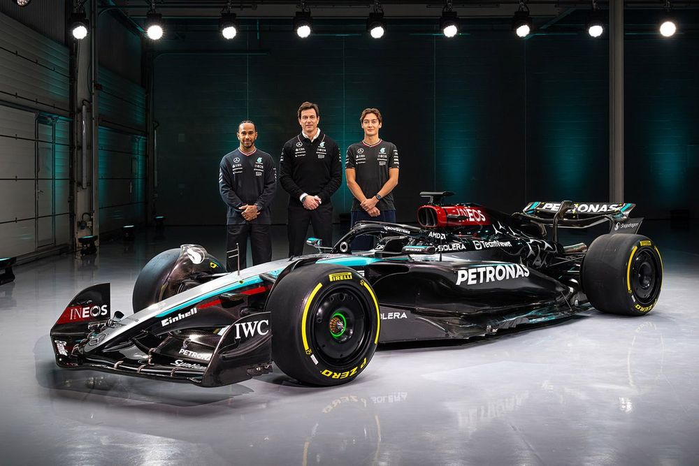 Lewis Hamilton, Mercedes, George Russell, Mercedes, Toto Wolff, Team Principal and CEO, Mercedes-AMG at the 2024 launch
