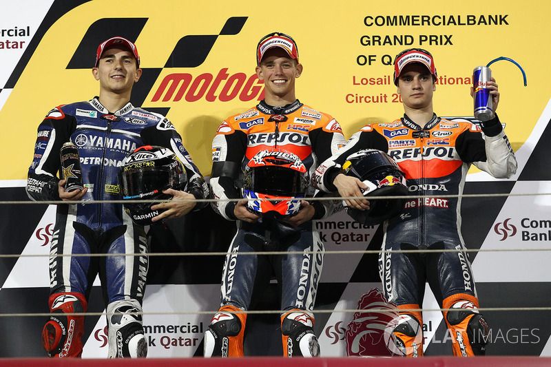 Podium: race winner Casey Stoner, Repsol Honda Team, second place Jorge Lorenzo, Yamaha Factory Racing, third place Dani Pedrosa, Repsol Honda Team