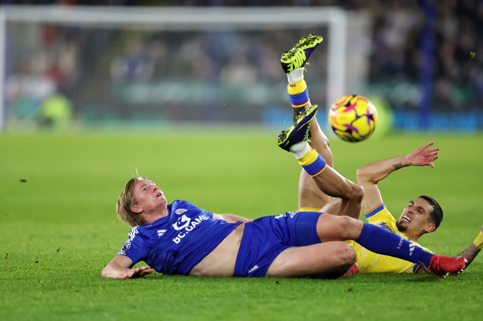 Leicester City's Victor Kristiansen and Crystal Palace's Daniel Muñoz vying for the ball.