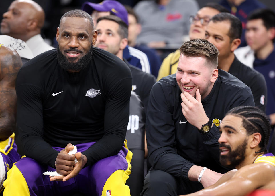 Inglewood, California February 4, 2025-Lakers LeBron James, left, and Luka Doncic share laugh against the Clippers in the second half at the Intuit Dome Tuesday. (Wally Skalij/Los Angeles Times via Getty Images)