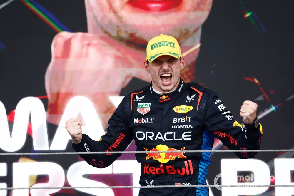 Max Verstappen, Red Bull Racing, 1st position, celebrates on the podium 