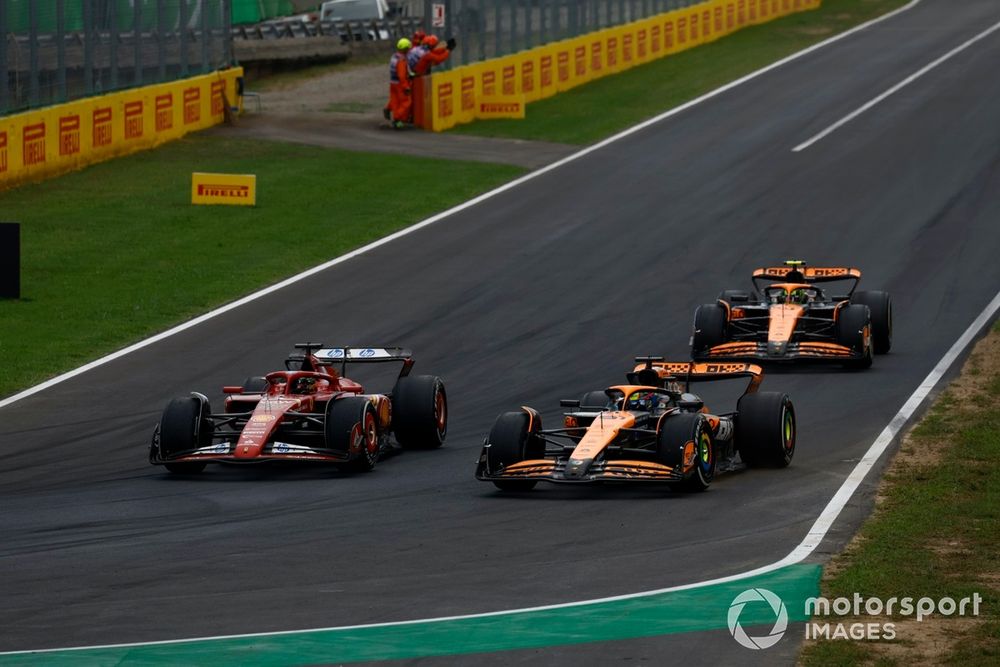 Charles Leclerc, Ferrari SF-24, 1st position, Oscar Piastri, McLaren MCL38, 2nd position, Lando Norris, McLaren MCL38, 3rd position, on their slow down lap