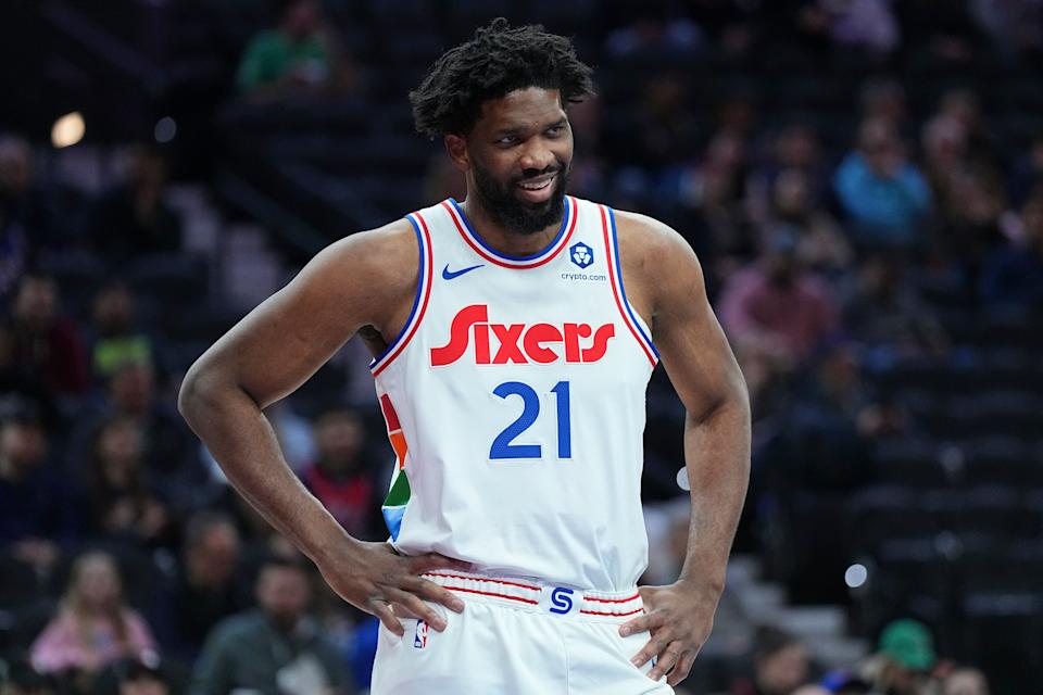 PHILADELPHIA, PENNSYLVANIA - FEBRUARY 11: Joel Embiid #21 of the Philadelphia 76ers reacts against the Toronto Raptors in the first half at the Wells Fargo Center on February 11, 2025 in Philadelphia, Pennsylvania. NOTE TO USER: User expressly acknowledges and agrees that, by downloading and/or using this photograph, user is consenting to the terms and conditions of the Getty Images License Agreement. (Photo by Mitchell Leff/Getty Images)