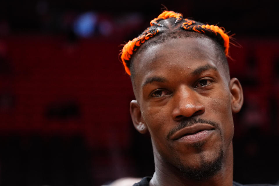 MIAMI, FLORIDA - DECEMBER 12: Jimmy Butler #22 of the Miami Heat looks on after a game against the Toronto Raptors at Kaseya Center on December 12, 2024 in Miami, Florida. NOTE TO USER: User expressly acknowledges and agrees that, by downloading and or using this Photograph, user is consenting to the terms and conditions of the Getty Images License Agreement. (Photo by Rich Storry/Getty Images)