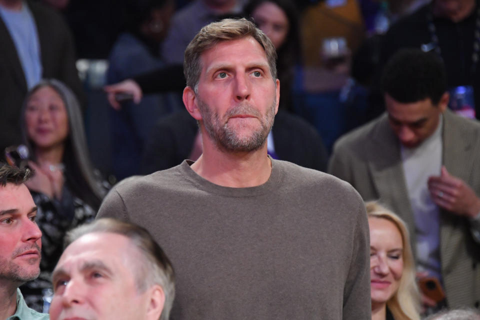 LOS ANGELES, CALIFORNIA - FEBRUARY 10: Dirk Nowitzki attends a basketball game between the Los Angeles Lakers and the Utah Jazz at Crypto.com Arena on February 10, 2025 in Los Angeles, California. NOTE TO USER: User expressly acknowledges and agrees that, by downloading and or using this photograph, User is consenting to the terms and conditions of the Getty Images License Agreement. (Photo by Allen Berezovsky/Getty Images)