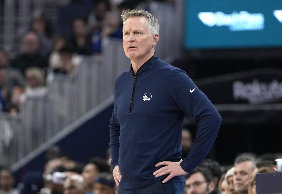 SAN FRANCISCO, CALIFORNIA - JANUARY 31: Head coach Steve Kerr of the Golden State Warriors looks on against the Phoenix Suns during the first half of an NBA basketball game at Chase Center on January 31, 2025 in San Francisco, California. NOTE TO USER: User expressly acknowledges and agrees that, by downloading and or using this photograph, User is consenting to the terms and conditions of the Getty Images License Agreement. (Photo by Thearon W. Henderson/Getty Images)