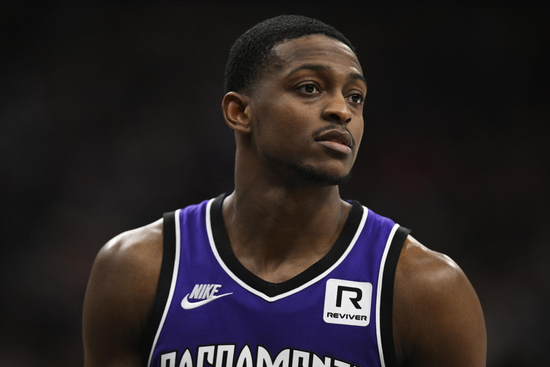 SACRAMENTO, CALIFORNIA - JANUARY 19: De'Aaron Fox #5 of the Sacramento Kings looks on against the Washington Wizards in the third quarter at Golden 1 Center on January 19, 2025 in Sacramento, California. NOTE TO USER: User expressly acknowledges and agrees that, by downloading and or using this photograph, User is consenting to the terms and conditions of the Getty Images License Agreement. (Photo by Eakin Howard/Getty Images)