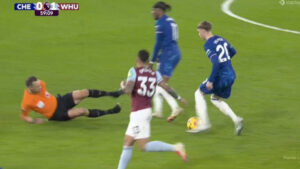 ‘Only good thing he’s done today’ fume Chelsea fans as Noni Madueke knocks over referee Stuart Attwell