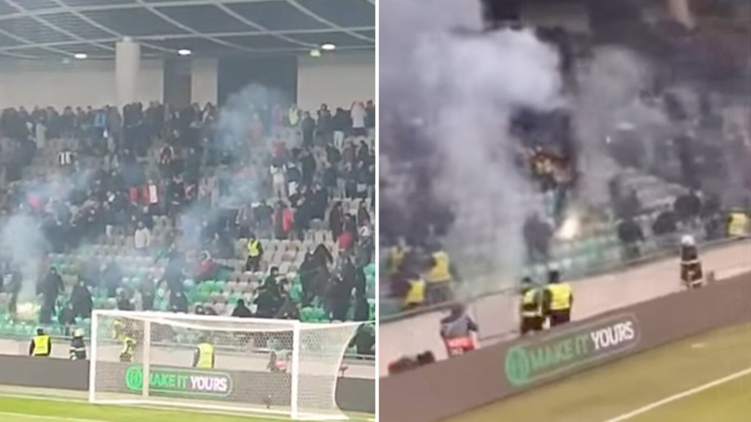 Conference League clash SUSPENDED mid-game after fan chaos as rivals throw flares at each other