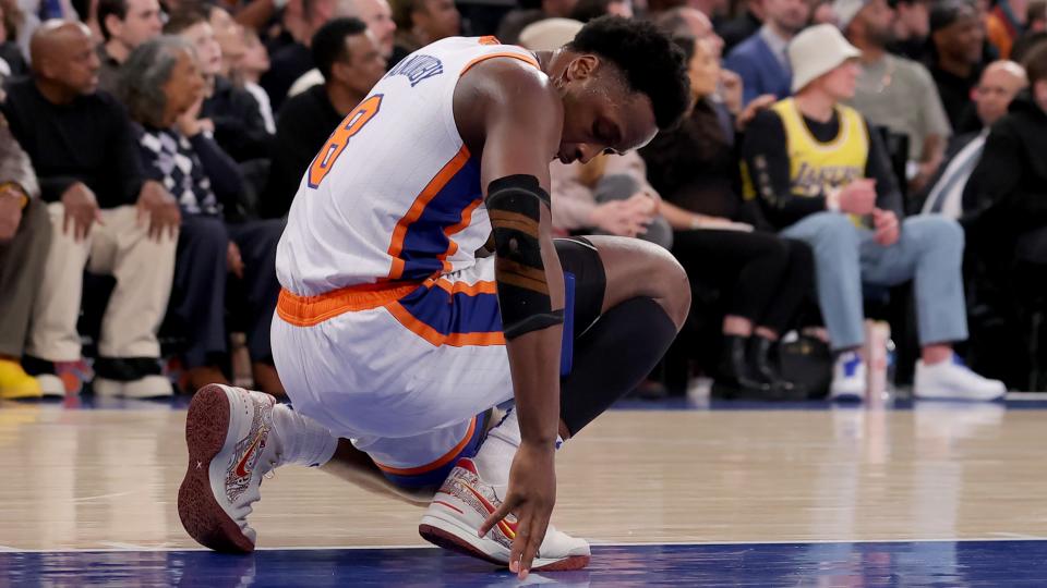 Feb 1, 2025; New York, New York, USA; New York Knicks forward OG Anunoby (8) reacts during the second quarter against the Los Angeles Lakers at Madison Square Garden. Mandatory Credit: Brad Penner-Imagn Images