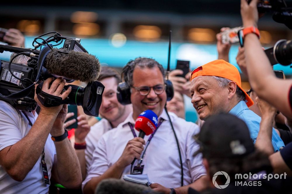 Frederic Vasseur, Team Principal and General Manager, Scuderia Ferrari, dons a McLaren cap for an iinterview with Ted Kravitz, Sky Sports F1, after the race