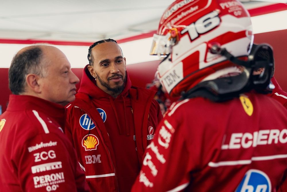 Lewis Hamilton, Charles Leclerc, Ferrari and Frederic Vasseur, Team Principal and General Manager, Scuderia Ferrari