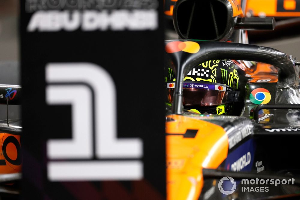 Pole man Lando Norris, McLaren MCL38, arrives in Parc Ferme