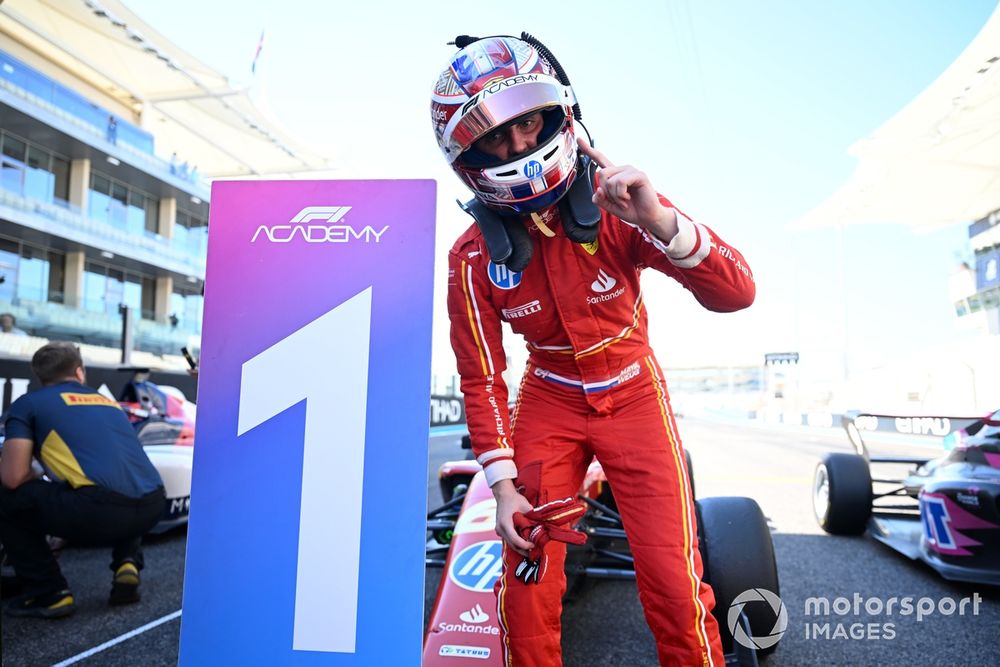 Race winner Maya Weug, PREMA Racing, celebrates in parc ferme