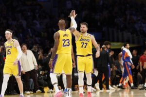 Luka and LeBron lift Lakers to wild OT victory over Knicks for eighth straight win